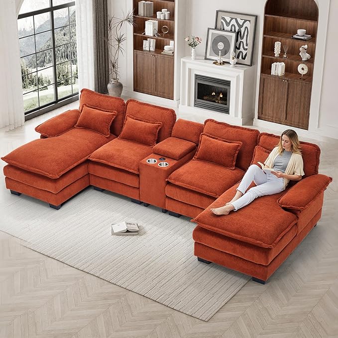 133" Oversized U Shaped Cloud Couch Modular Sectional Couches for Living Room Comfy Chenille Deep Seat Sofa Set with Double Chaise Lounge, Storage Central Console, Cup Holders, USB Port, Orange