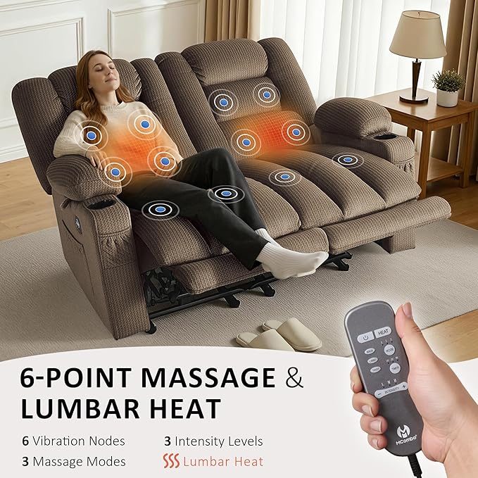 MCombo 55.9" Zero Gravity Power Loveseat Recliner with Heat and Vibration Massage, Reclining Loveseat Sofa with USB Ports, Cup Holders for Living Room, Fabric PR648SET (Dark Brown)