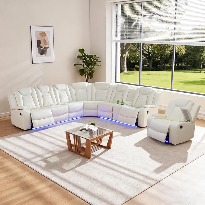 Leather Power Recliner Sectional Sofa Set with LED Light,L Shaped Leather Couch Set with Recliner Chair,Modular Corner Sofa with USB Ports for Living Room Furniture(White, Sectional+Chair)
