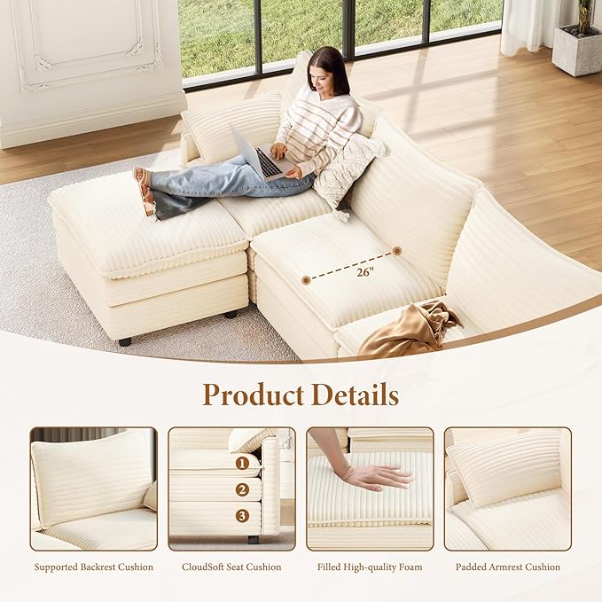 Vesgantti Large Modular Sectional Sofa, Big Comfy Cloud Couch with Ottoman Deep Seat Corduroy Cloud Sofa, 8 Seater Large Sectional Couches for Living Room, Bedroom and Apartment, Beige | Sink-in Comfort, Height Adjustable, Easy Rearrangement, Extra-dee...