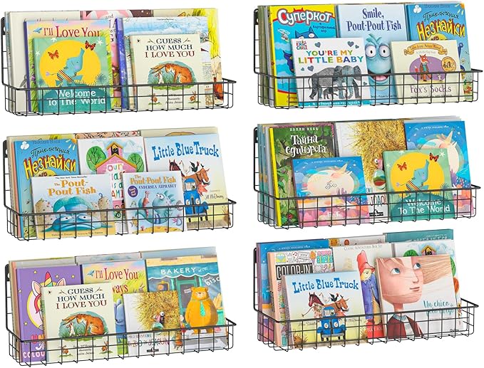 X-cosrack 6 Pack Wall Mounted Metal Kids Bookshelf, Floating Book Shelves for Kids Nursery Toddler Bedroom Classroom, Hanging Book Shelf Storage Organizer for Room Decor, Black