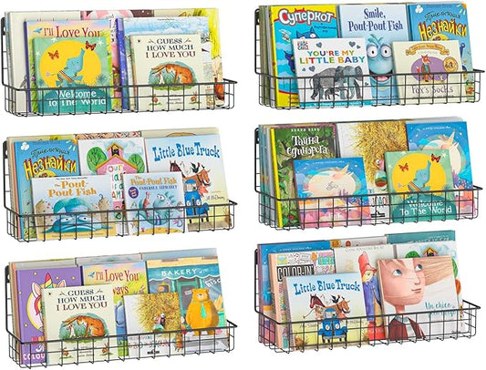 X-cosrack 6 Pack Wall Mounted Metal Kids Bookshelf, Floating Book Shelves for Kids Nursery Toddler Bedroom Classroom, Hanging Book Shelf Storage Organizer for Room Decor, Black