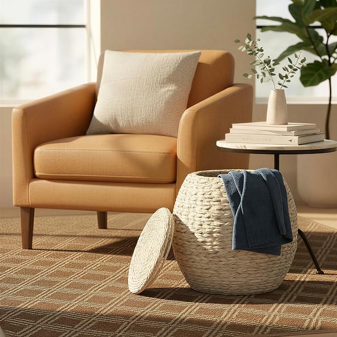 Household Essentials Handwoven Water Hyacinth Barrel Wicker Storage Basket Side Table, Cream Finish