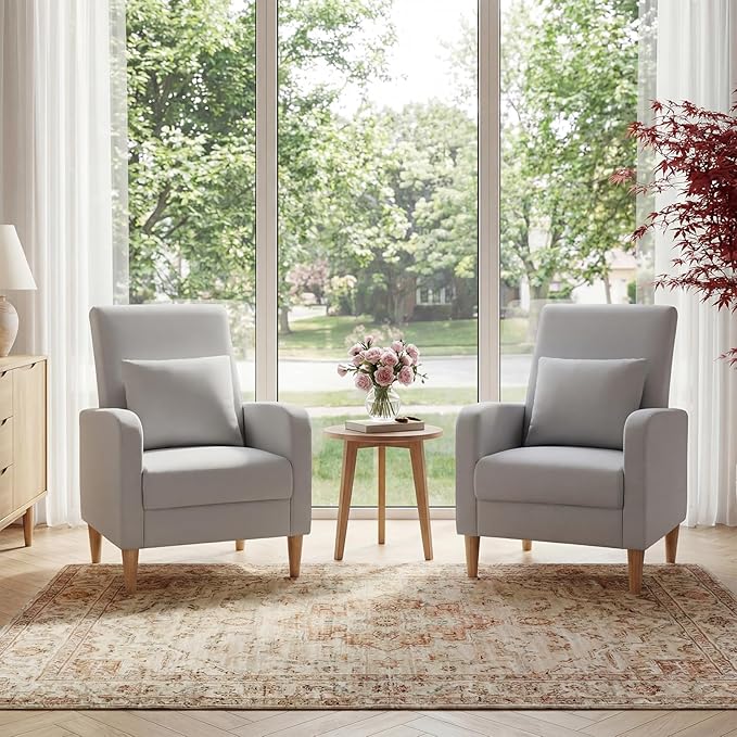 COLAMY Mid-Century Modern Upholstered Accent Chair with Back Pillow & Solid Wood Legs, Leather Cozy Armchair for Living Room, Bedroom, Reading Nook, Apartment & Small Spaces, Lightgrey