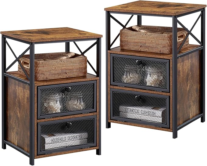 VECELO Nightstand Set of 2 with Drawer, Modern Night Stand for Bedroom, End Side Table for Living Room,Bedroom,Office, Easy Assembly Amber Brown