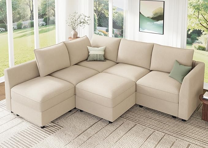 HONBAY Modular Sectional Sofa L Shaped Sectional Couch with Storage, Convertible Couches for Living Room - Beige