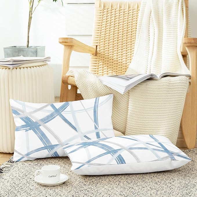 CaliTime Throw Pillow Cases Pack of 2 Cozy Fleece Arc-Shaped Abstract Geometric Lines Decorative Cushion Covers for Couch Bed Sofa Farmhouse Decoration 12 X 20 Inches Light Blue Grey
