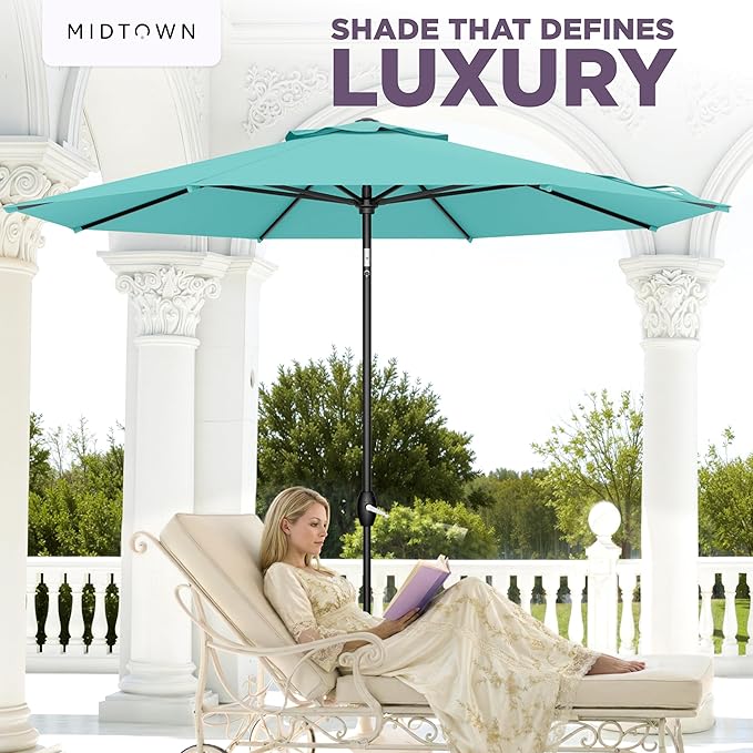 Midtown Umbrellas - The Lean 8 Ft Patio Umbrella with Fade-Resistant Sunbrella Fabric, Auto-Tilt Aluminum Frame and 8 Reinforced Ribs for Deck, Pool & Garden - Aruba Canopy, Black Pole
