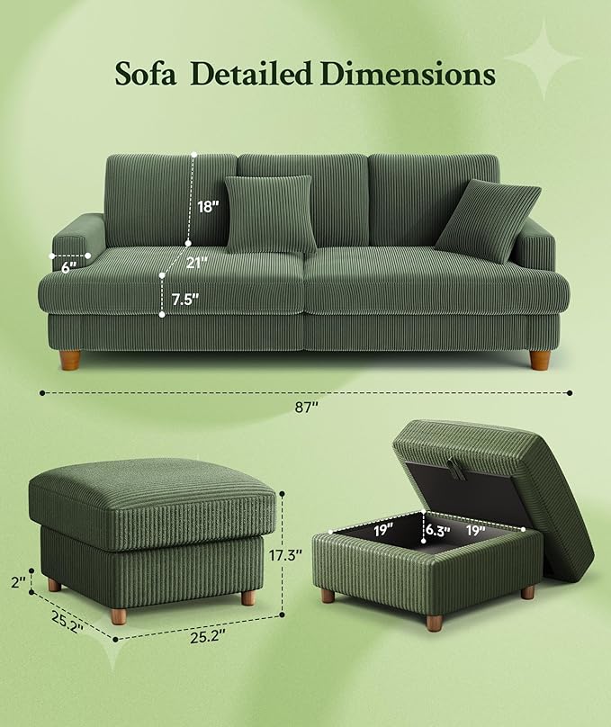 Welzona 87.2" Couches for Living Room, Comfy L Shaped Couch Green 7.5" Thicker Cushion, Sofas for Living Room Tool-Free Setup, Loveseat with Ottoman 848lbs Support, Corduroy Couch for Bedroom, Office