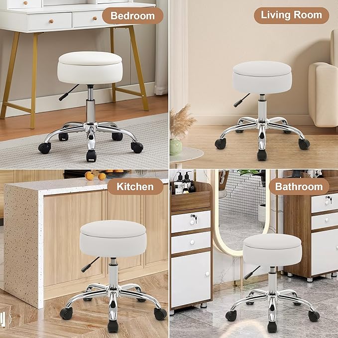 Adjustable Vanity Stool with Storage Rolling Vanity Chair with Wheels Swivel Vanity Stool Chair for Vanity Makeup Stool White
