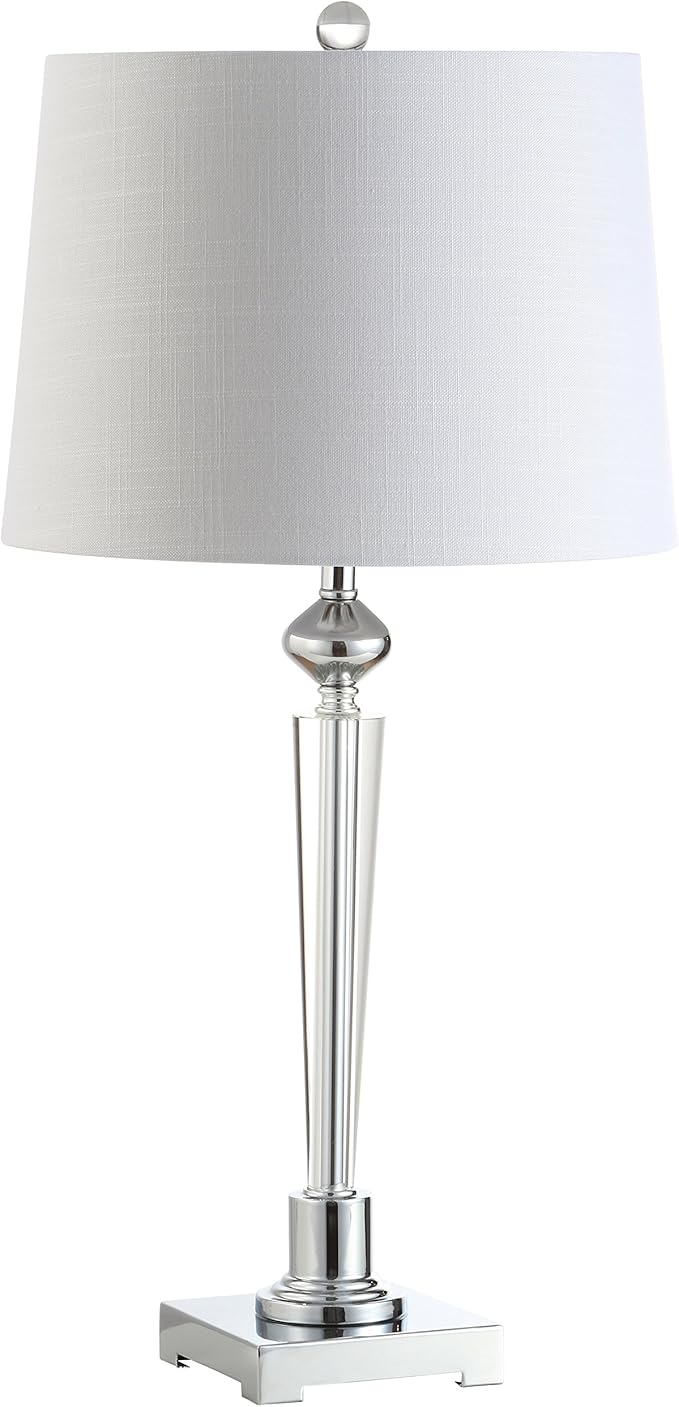 JONATHAN Y 28.25" Clear Crystal Table Lamp, Chrome Candlestick Base with White Linen Drum Shade, Traditional French Country Lamp for Living Room, LED Bulb Included JYL2051A