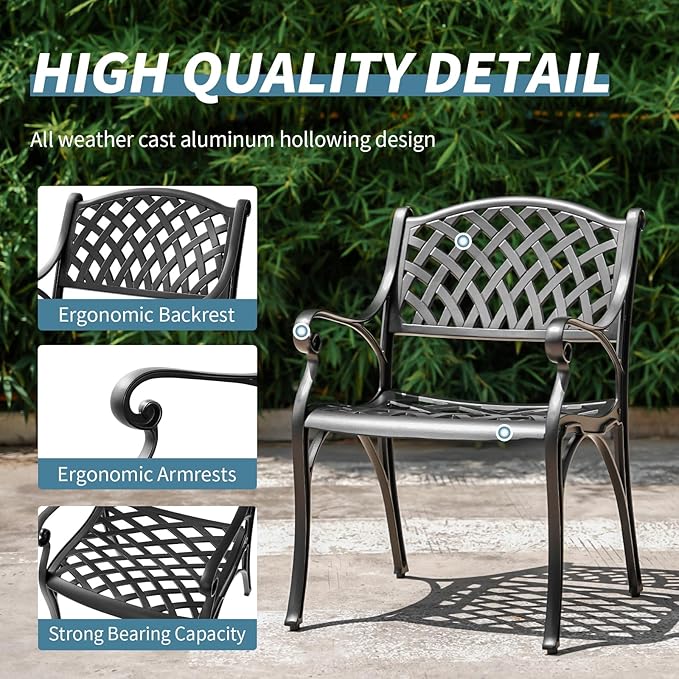 2 Piece Outdoor Cast Aluminum Dinning Chairs, Patio Bistro Chair Set with Armrests, Patio Dinning Chairs for Patio Furniture Garden Deck (Black)
