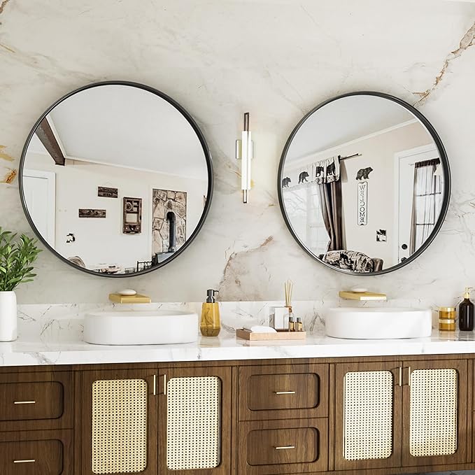 Suidia 24" x 24" Bathroom Mirror, Bathroom Vanity Mirror Metal Framed, Wall-Mounted Mirrors for Bedroom, Living Room, Entryway, Hallway, Black, Round Style