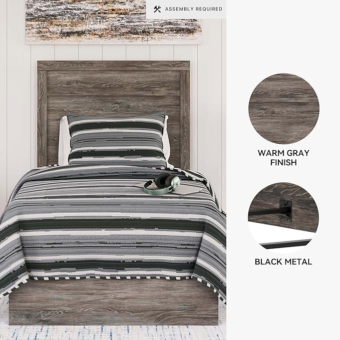 Signature Design by Ashley Ralinksi Rustic Twin Panel Bed, Foundation or Box Spring Needed, Light Gray