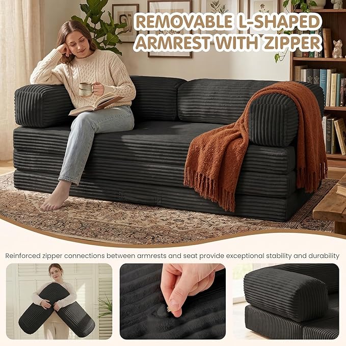 JUIKURY Foldable Convertible Sofa Bed, Tri-Fold Floor Couch Sleeper Sofa, High-Density Foam Sofa with Removable Washable Cover, Portable Modular Sofa Lounger for Living Room Apartment Dorm Guest Room