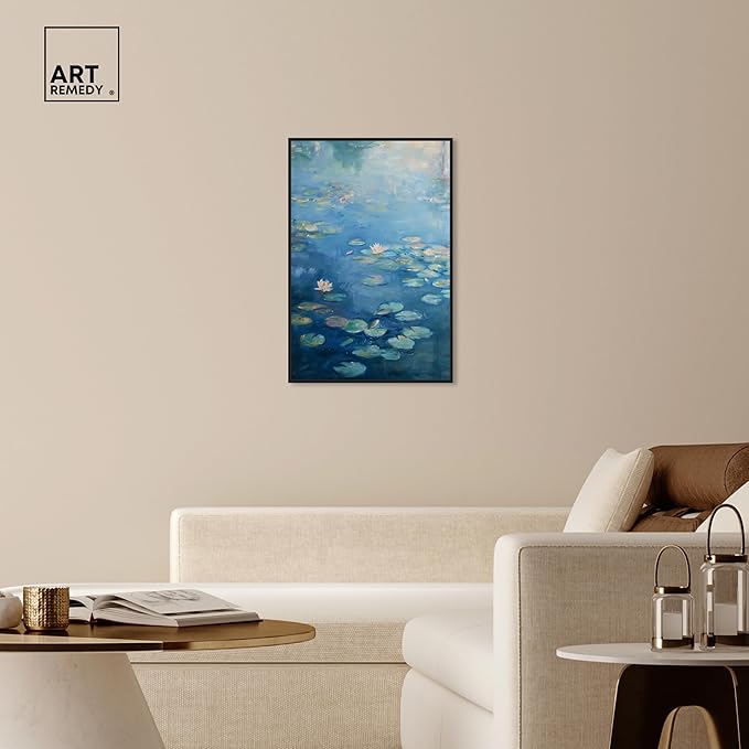 Art Remedy Lilypads In Blues Framed Impressionism 1 Piece Canvas Wall Art/Monet And Van Gogh Inspired Art, 25" x 37", Black Frame