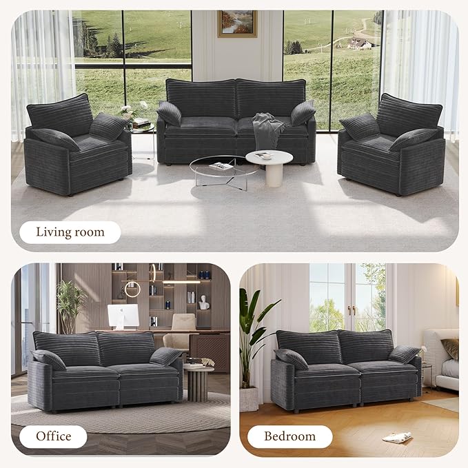 Vesgantti 74" Loveseat Sofa for Living Room, Comfy Cloud Couch Deep Seat Corduroy Modern 2 Seater Small Sofa with Armrest Pillow, Easy Assembly for Small Spaces, Gray | Sink-in Comfort, Height Adjustable, Easy Rearrangement, Extra-deep Ottoman, Solid W...