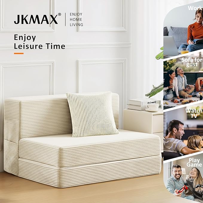 JKMAX Twin Size Folding Sofa Bed - 4 in 1 Convertible Sleeper Chair with Pillow - High Density Memory Foam Futon Couch - Foldable Bed for Living Room Bedroom (Beige)