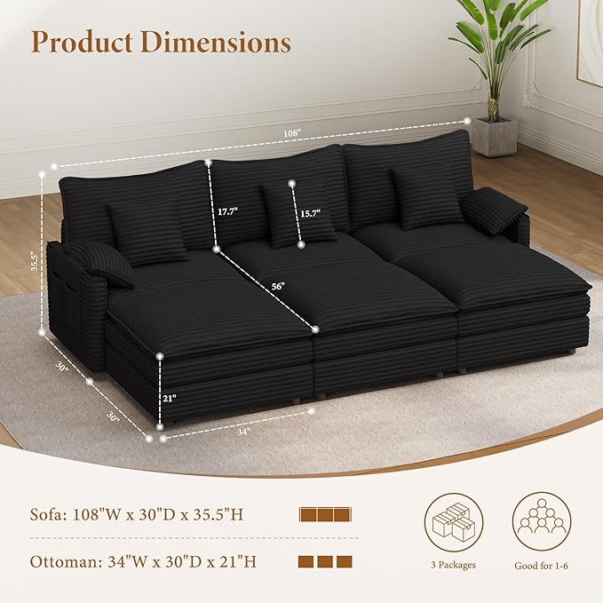 Vesgantti 108" Sectional Sleeper Sofa, 6-Seater Oversized Modular Cloud Couch with Movable Ottoman, Corduroy Large Sofa Bed Convertible Deep Seat Couches for Living Room, Bedroom and Apartment, Black | Sink-in Comfort, Height Adjustable, Easy Rearrange...