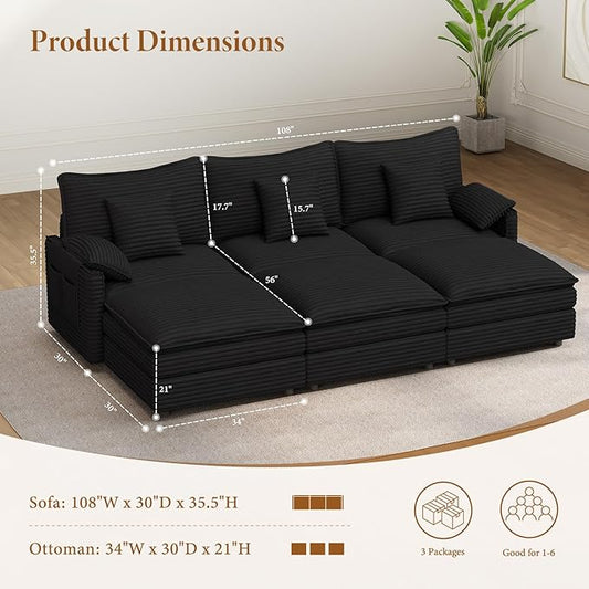 Vesgantti 108" Sectional Sleeper Sofa, 6-Seater Oversized Modular Cloud Couch with Movable Ottoman, Corduroy Large Sofa Bed Convertible Deep Seat Couches for Living Room, Bedroom and Apartment, Black | Sink-in Comfort, Height Adjustable, Easy Rearrange...