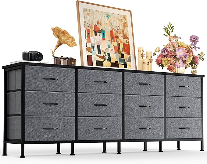 DUMOS TV Stand for Bedroom with Storage TV Stands for Living Room Grey, 12 Drawer Dresser Farmhouse Entertainment Center for up to 80 Inch TVs, Media Console Table with Metal Frame Adjustable Feet