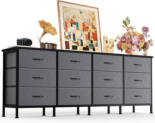 DUMOS TV Stand for Bedroom with Storage TV Stands for Living Room Grey, 12 Drawer Dresser Farmhouse Entertainment Center for up to 80 Inch TVs, Media Console Table with Metal Frame Adjustable Feet