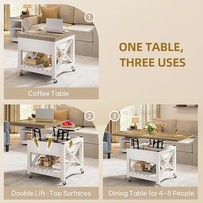 YITAHOME Lift Top Coffee Table with Wheels, Farmhouse Square Coffee Tables for Living Room, 2 Tier Small Coffee Table with Storage Compartment Rustic Wood Cocktail Table Dining Table, Grey Wash