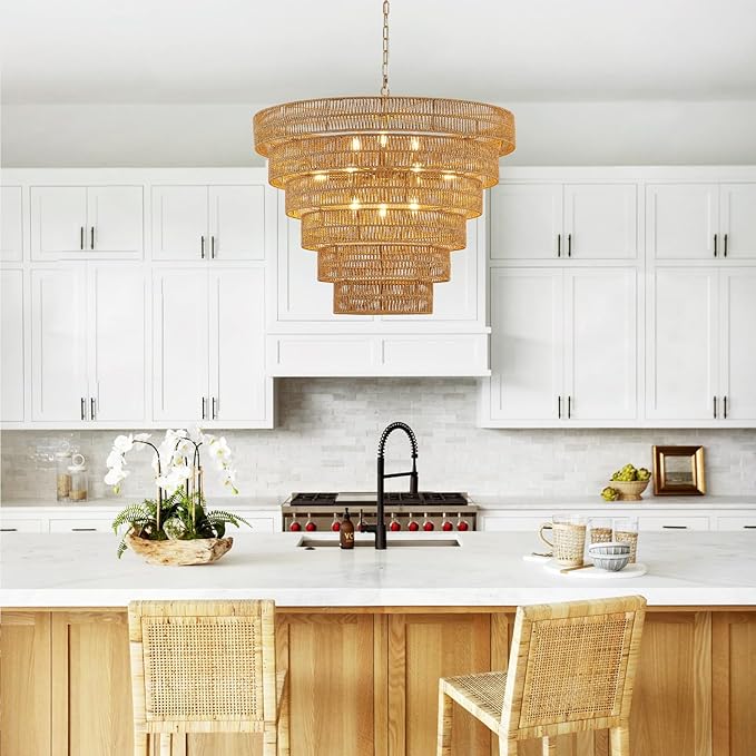 31.5” Large Boho Rattan Chandelier Light Fixture, 12-Light Golden Hand Woven Chandeliers 6-Tier Vintage Farmhouse Wicker Gold Chandelier for Dining Room, Kitchen, Bedroom, Living Room, Foyer