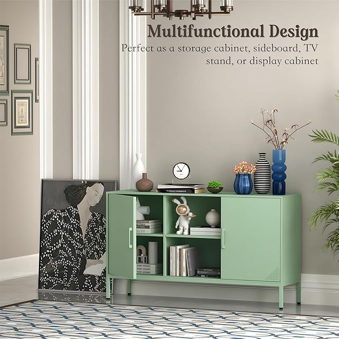 Coffee Bar Cabinet with Adjustable Shelf, Kitchen Storage Cabinet Metal Pantry Cupboard Buffet Sideboard for Living Room, Kitchen, Bedroom, Dining Room, Entryway (Green, H29.53'')