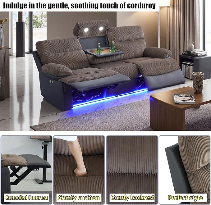 A Ainehome Power Recliner Sofa with LED Light, Living Room Furniture Sets, Power Reclining Sectional Sofa Couches for Living Room/Office/RV with USB Port/Hidden Storage