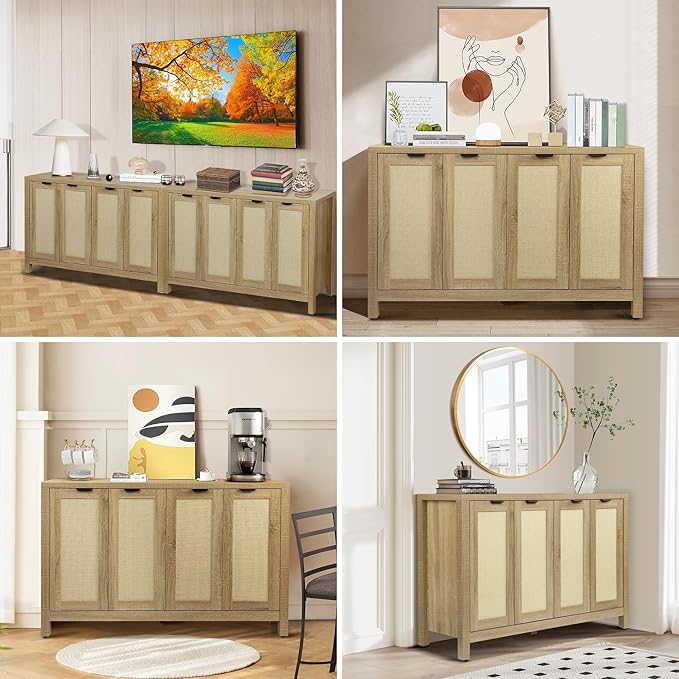 Rattan Sideboard Buffet Credenza Cabinet - Large Farmhouse Kitchen Coffee Bar Cabinet with 4 Rattan Door Storage for Entryway Living Room, 55" x 15" x 31.5" (Natural)