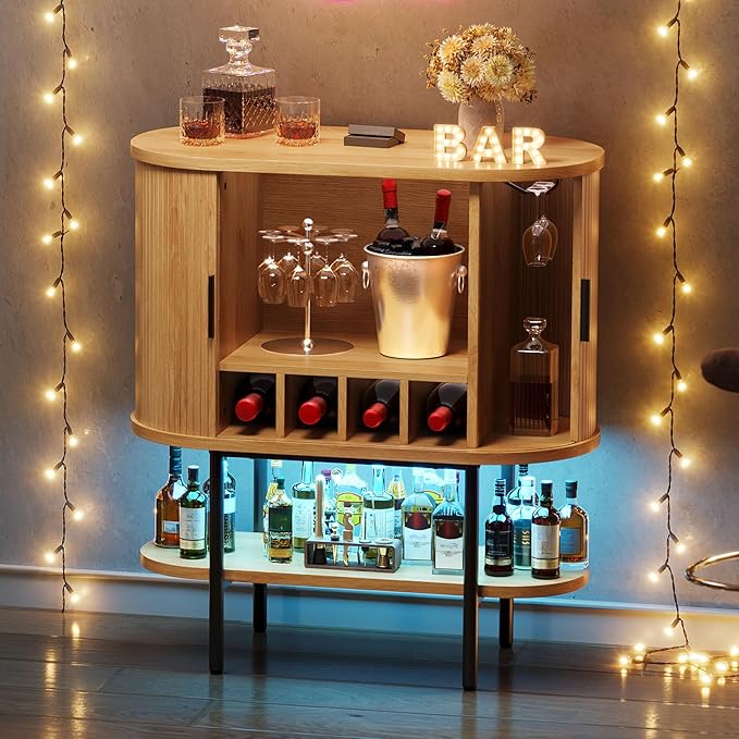 DWVO Bar Cabinet with LED Lights, Oval-Shaped Wine Bar Table with 2 Glass Holders, 4 Wine Racks, Open Shelf, Fluted Coffee Bar Liquor Cabinet for Home, Kitchen, Living Room, Natural Oak