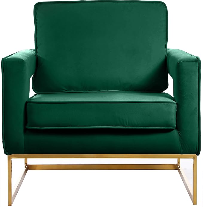 Meridian Furniture Noah Collection Modern | Contemporary Velvet Upholstered Accent Chair with Durable Stainless Steel Base, Green, Gold Base