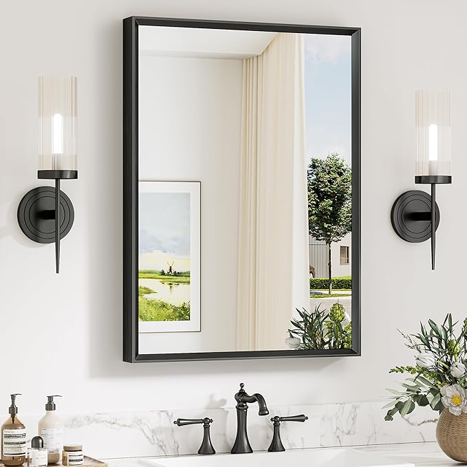 Keonjinn 22 x 30 Inch Black Bathroom Mirrors for Over Sink, Beveled Rectangle Framed Mirrors for Wall, Black Bathroom Vanity Mirror, Tempered Glass, Square Corner, Farmhouse Style