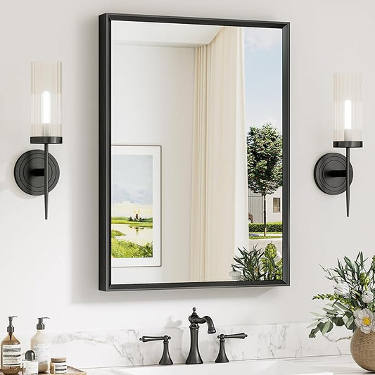 Keonjinn 22 x 30 Inch Black Bathroom Mirrors for Over Sink, Beveled Rectangle Framed Mirrors for Wall, Black Bathroom Vanity Mirror, Tempered Glass, Square Corner, Farmhouse Style