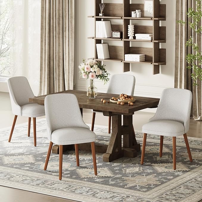 Dining Chairs Set of 4, Upholstered Dining Room Chair with Wood Legs, High-Back Padded Kitchen Chairs for Dining Room/Restaurant/Cafe, Light Grey