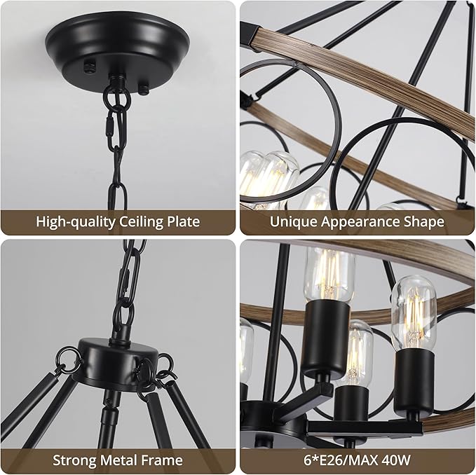 6-Light Farmhouse Chandelier for Dining Room,21'' Black Rustic Industrial Drum Chandeliers Imitation Wood Grain Pendant Light Fixture for Kitchen Island Entryway Foyer Bedroom Hallway,E26 Metal