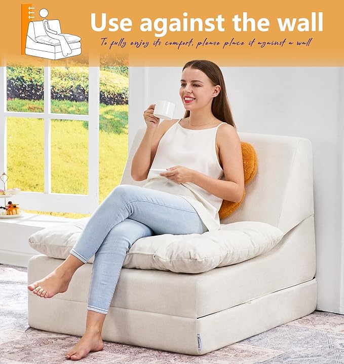 Hobestluk Sofa Couch Folding Sofa Bed Comfy Floor Lounger Convertible Sofa with Removable Cushion Couches for Small Spaces Foldable Mattress for Living Room Bedroom or Office (Chenille Beige, Large)