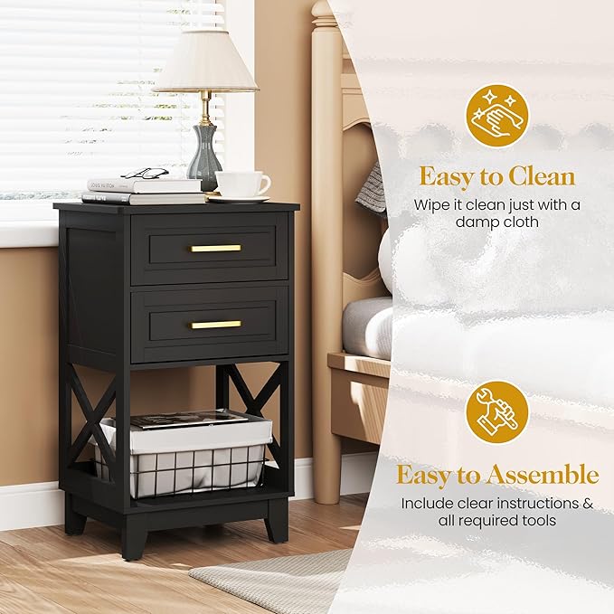 Black Nightstand Set of 2, Tall Side Table with 2 Drawers and Open Shelf, Bedside Table with Solid Feet, Modern End Table for Bedroom, Home Office, Black