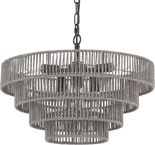20” Hand-Woven Rattan Chandelier 6-Lights Transitional Minimalist 4 Round Boho Large Coastal Pendant Light for Kitchen Island Dining Room Living Room Hallway, Gray, UL Listed
