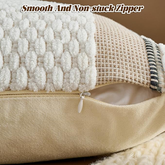 AmHoo Chenille Striped Textured Boho Throw Pillow Covers Aesthetic with Tassels Woven Decorative Pillow Case for Couch Bed Sofa Bedroom Modern Funky 18 x 18-Inch White