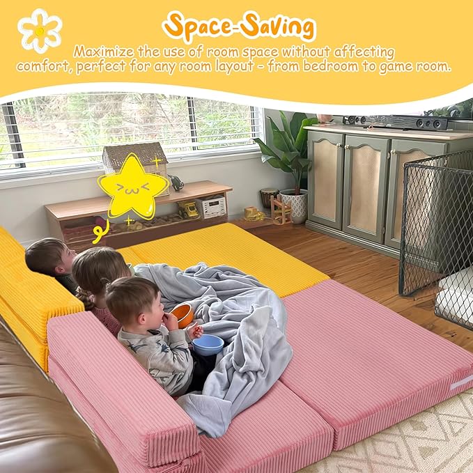 MeMoreCool Folding Sofa for Kids, Corduroy Fold Out Futon Chair, Small Foldable Floor Mattress, Portable Children Couch Sofa, Yellow