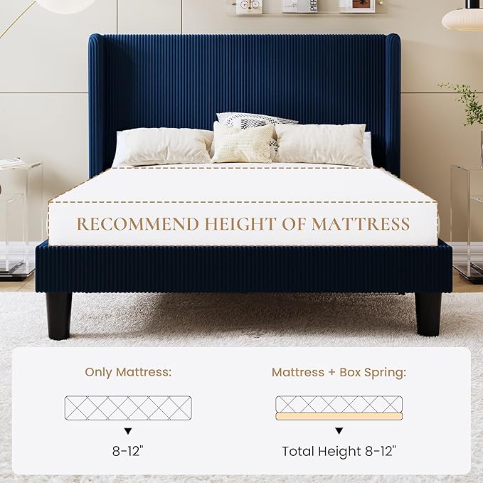 SHA CERLIN Full Size Corduroy Upholstered Platform Bed Frame with Vertical Channel Tufted Wingback Headboard, 8" Under Bed Storage, Wooden Slats & Metal Frame Support, Easy Assembly, Dark Blue