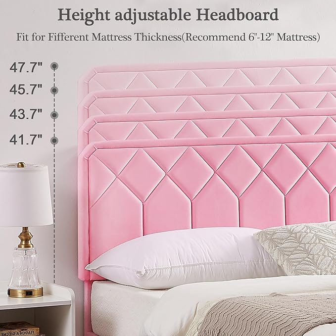 VECELO Queen Size Bed Frame Premium Velvet Upholstered Platform with Height Adjustable Headboard/Mattress Foundation, Solid Wooden Slat Support, No Box Spring Needed/Easy Assembly