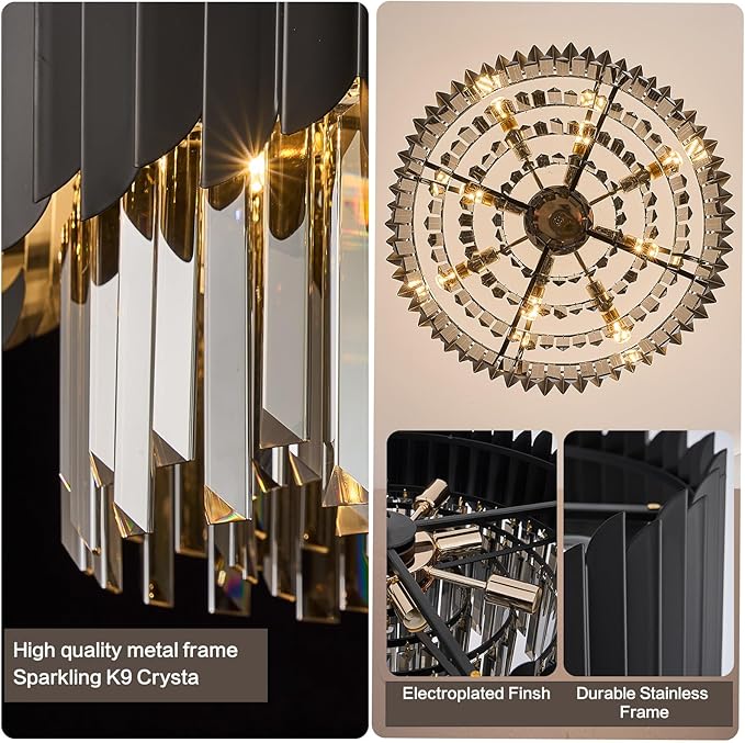 8-Light Large Crystal Chandeliers 24" Dining Room Light Fixture 5 Tiers Flush Mount Smoke Gray and Black Crystal Chandelier Round Pendant Light for Kitchen Living Room Entryway Foyer