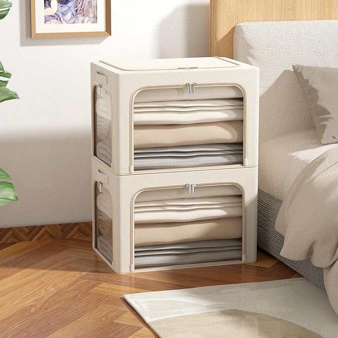 3Pack Clothes Storage Bins - Oxford Frame Storage Box Foldable Stackable Storage Organizer with 3 Openings Design, Metal Frame, Clear Window, Carry Handles (Beige, 100L-23.6 * 16.5 * 15.7in)