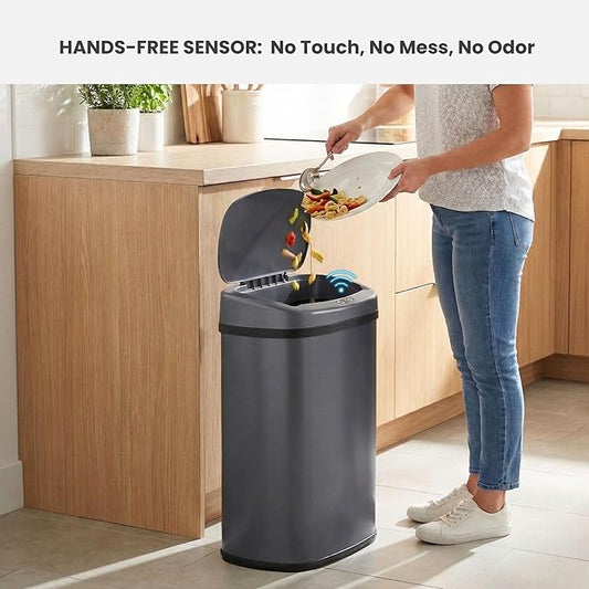 iTouchless 13 Gallon Oval Smart Bin with Odor Filter, 50L Touchless Stainless Steel Kitchen Trash Can, Automatic Motion Lid, Fingerprint-Proof, Executive Dark Metallic Finish, Gunmetal Gray