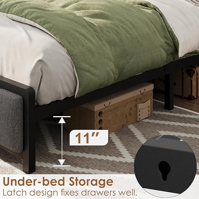 GAOMON Queen Size Bed Frame with Storage Headboard and 2 Drawers, Linen Upholstered Platform Bed Frame with Charging Station, Heavy Duty, No Box Spring Needed, Easy Assembly, Noise Free, Grey&Brown