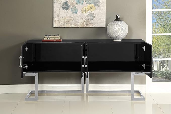 Meridian Furniture Beth Collection Modern | Contemporary Sideboard Buffet, Rich Chrome Stainless Steel Base, Black Laquer Finish, 64" W x 18" D x 31" H, Cabinet