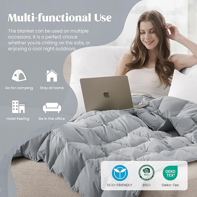 puredown® Soft Feather Down Blanket Lightweight Packable Down & Feather Fill Blanket for Indoor and Outdoor Use, King Size Blankets, Alloy Gray